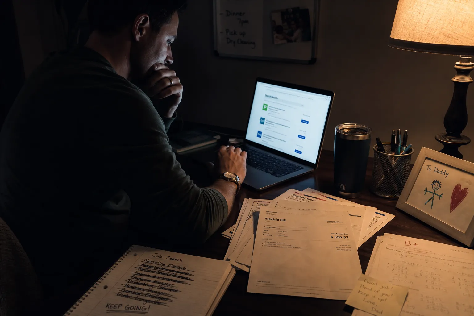 Man sitting at home office desk filling out applications on their laptop. Desk has bills, homework and job listings strewn about. On the desk is art from the person's child of a stick figure, a heart that says "to Daddy"