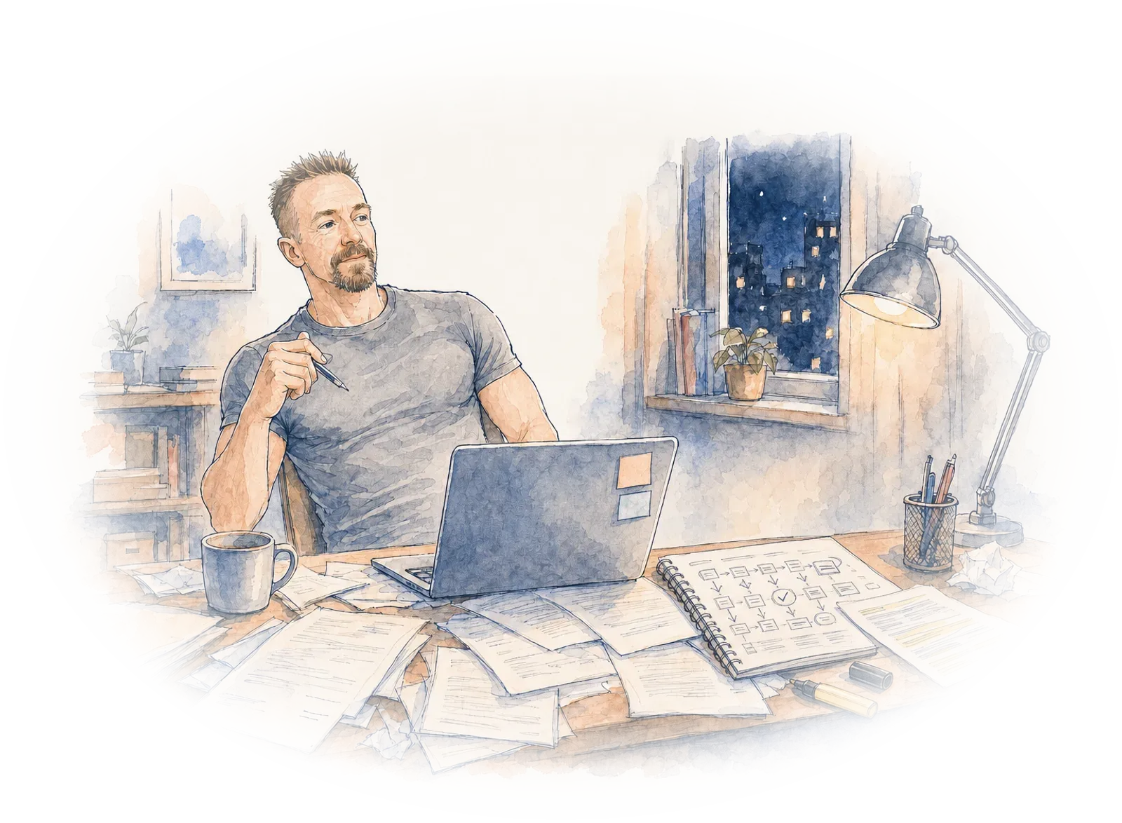 An illustration of the founder late at night at a desk covered in half-finished job applications, laptop open, deciding to build something better.