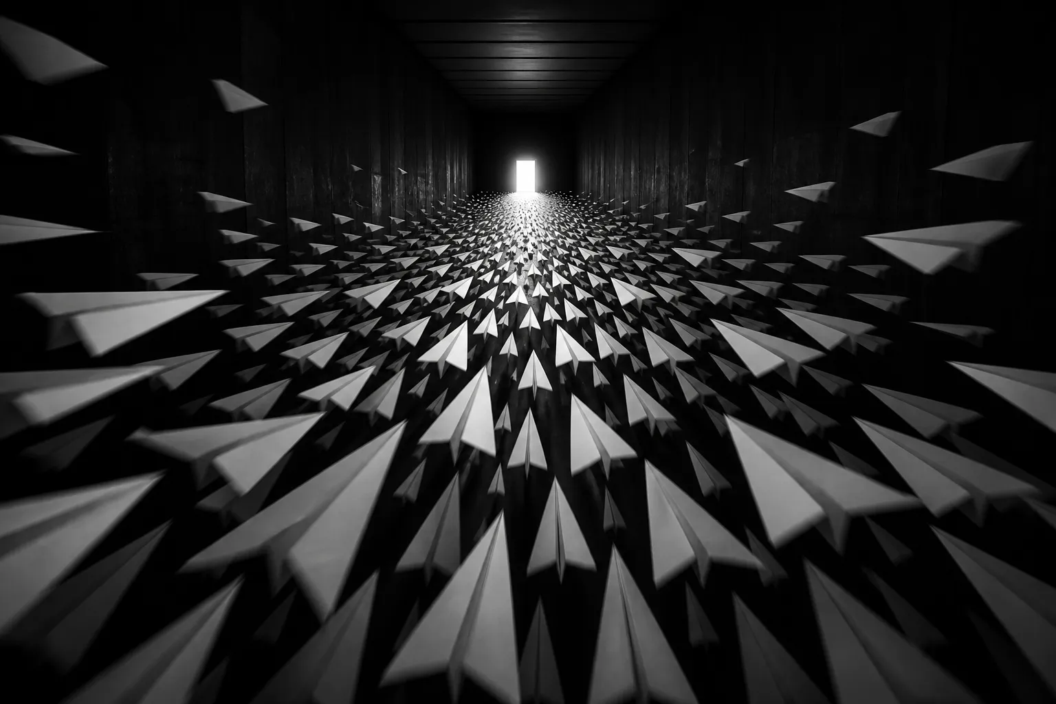 Hundreds of identical paper airplanes flooding a narrow hallway toward a single small doorway, illustrating the collapse of signal in a high-volume application market.