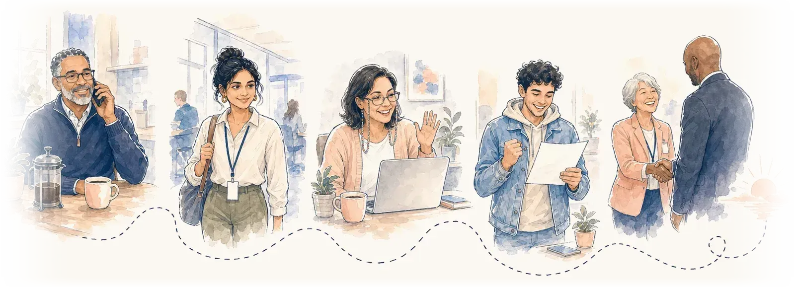 Five people, each at a good moment: a phone call with an offer, a first day, a video call, an offer letter, a handshake, joined by one winding line that ends at a sunrise.