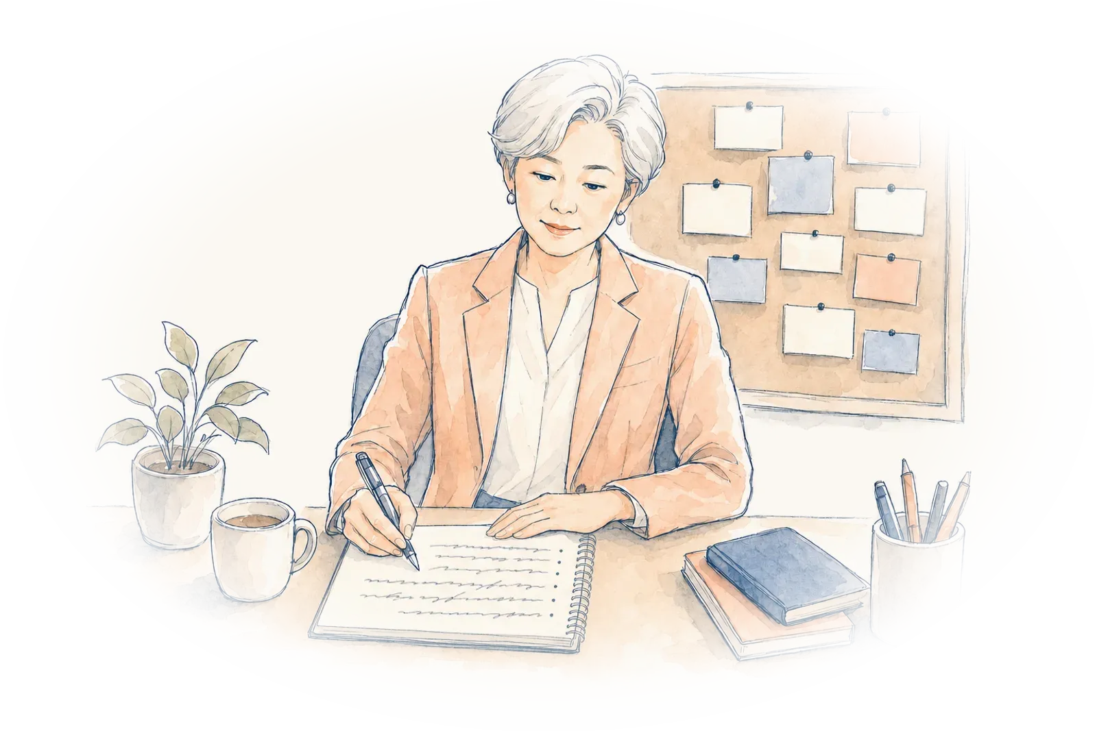 An illustration of Elena at her desk writing interview notes in an open notebook, a tidy corkboard of index cards behind her.