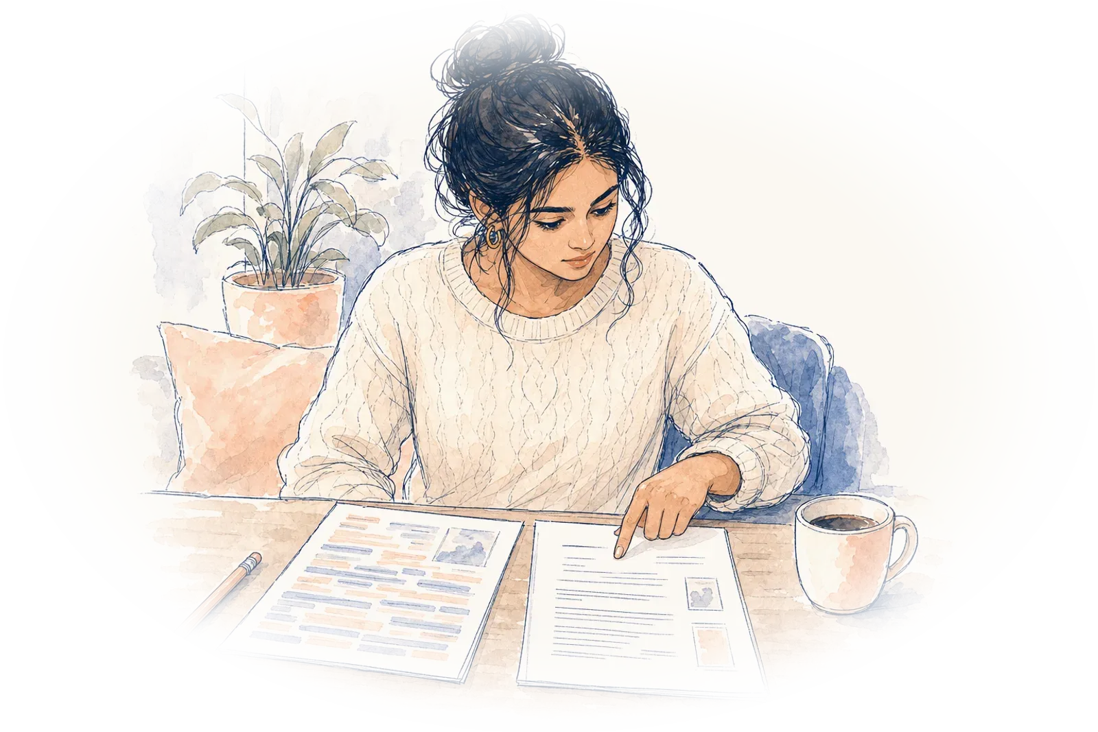 An illustration of Priya at a table comparing two printed resumes, one covered edge to edge in keyword highlights and one clean, her finger resting on the clean one.