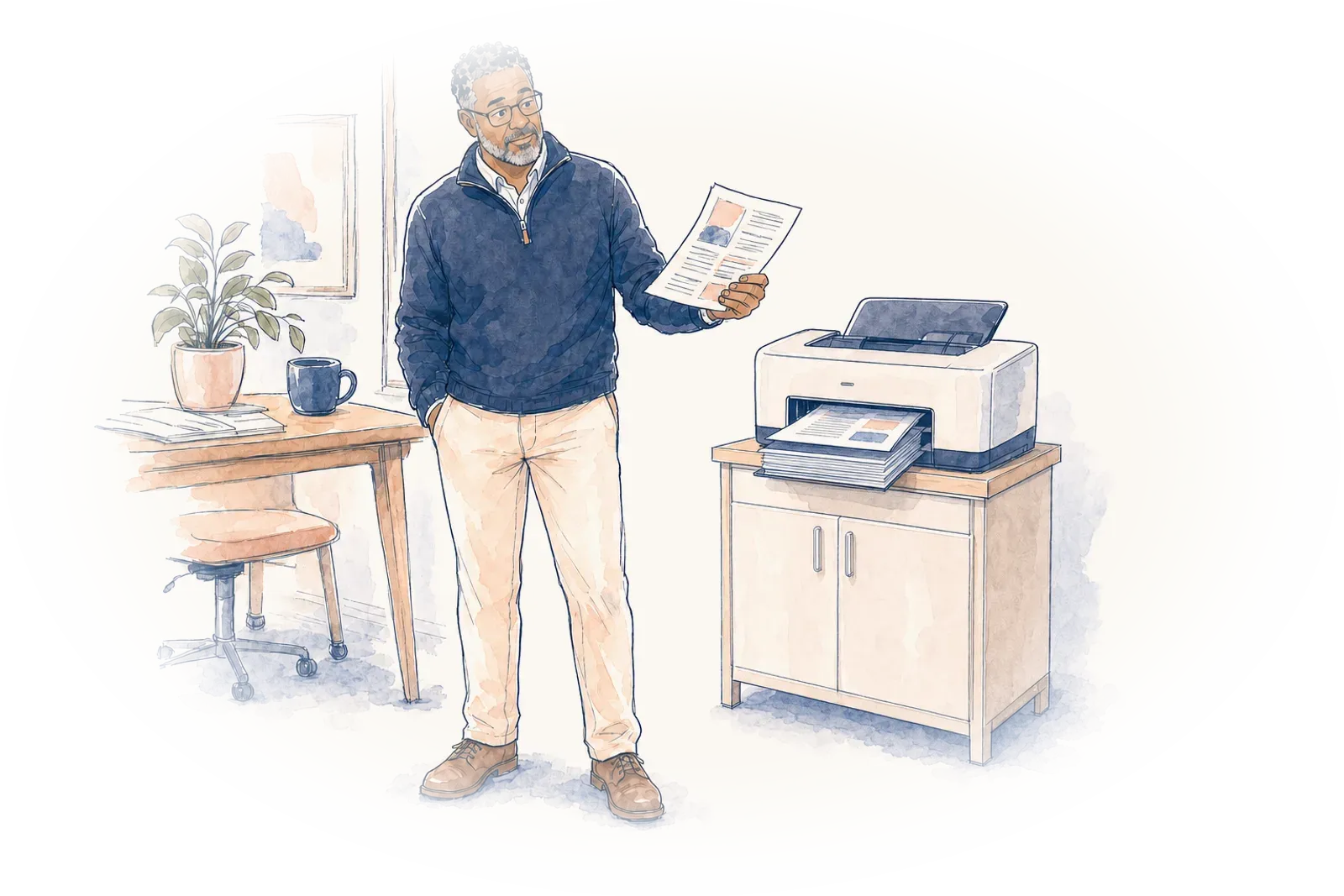 An illustration of Marcus beside a home printer with a stack of identical pages in its tray, one eyebrow raised, holding up a single carefully marked-up page.