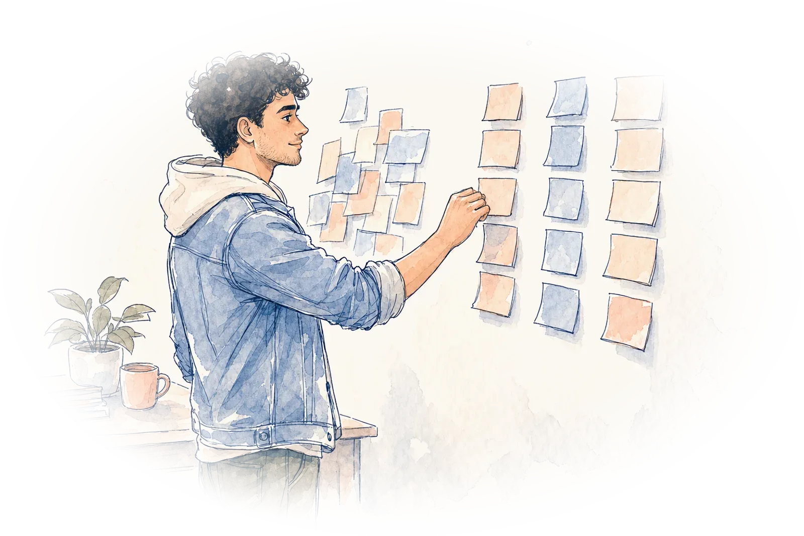 An illustration of Jordan at his wall of sticky notes, sleeves pushed up, moving them into three neat columns and looking relieved.