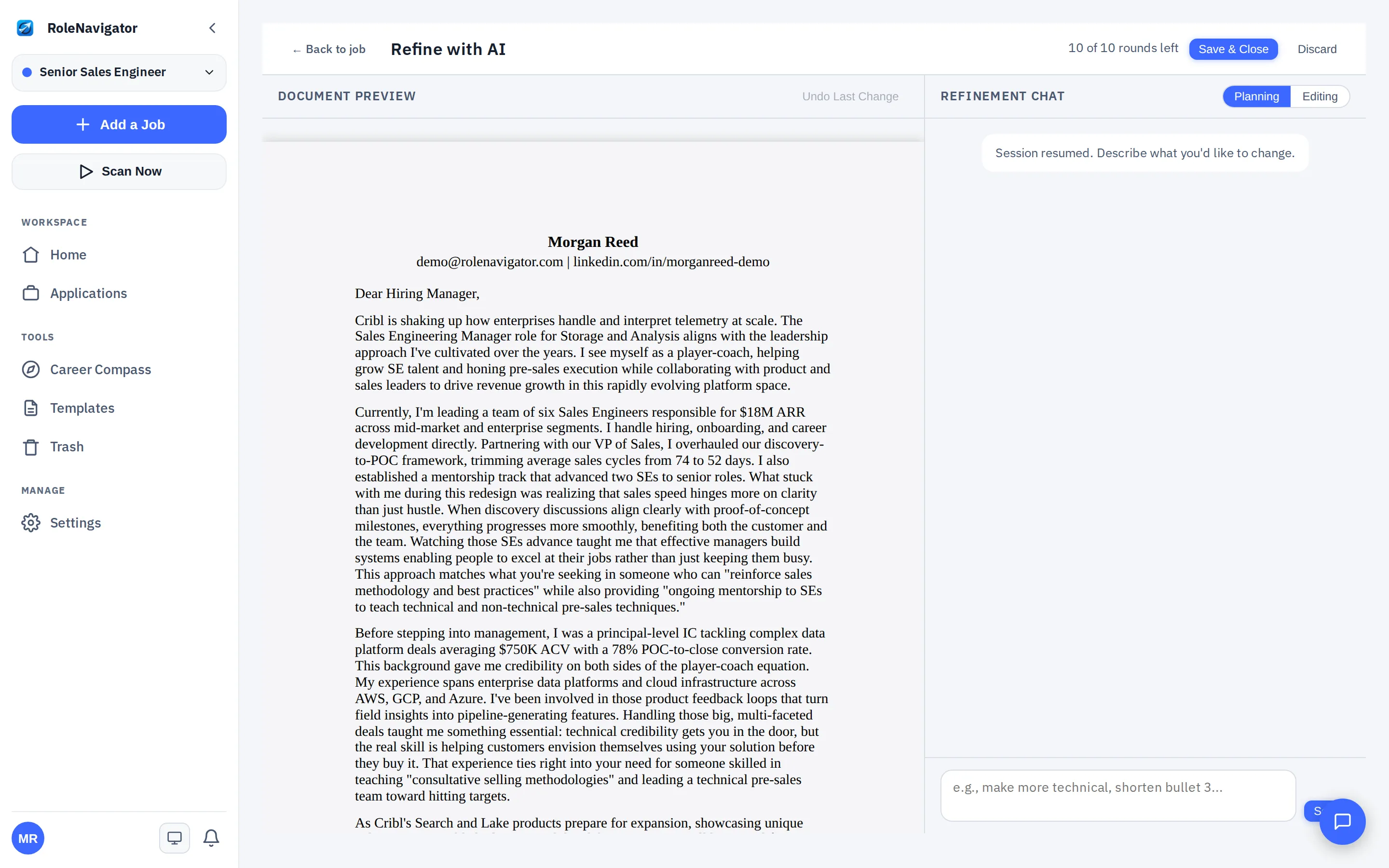 Refine with AI screen: a generated cover letter addressed to a hiring manager, with a refinement chat beside it.