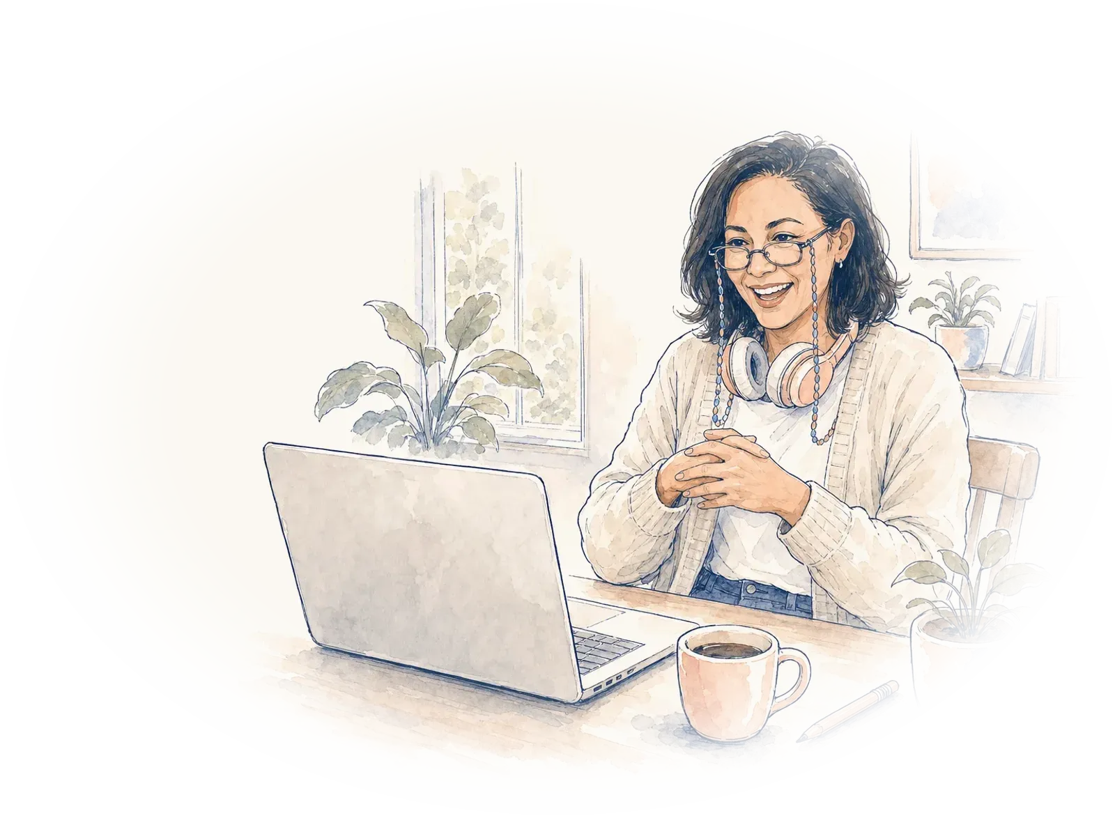 A woman in her forties laughs on a video call with her new team at a small home desk.