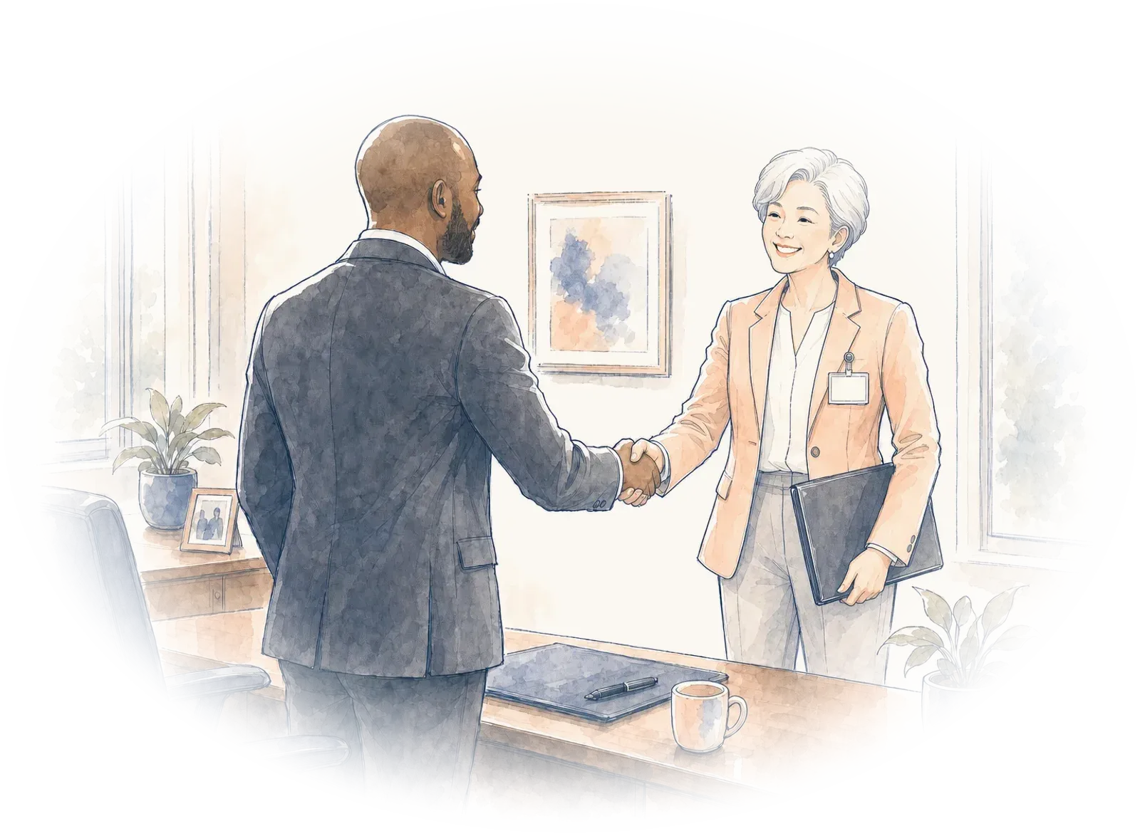 A woman in her sixties shakes hands across a meeting table after an interview.