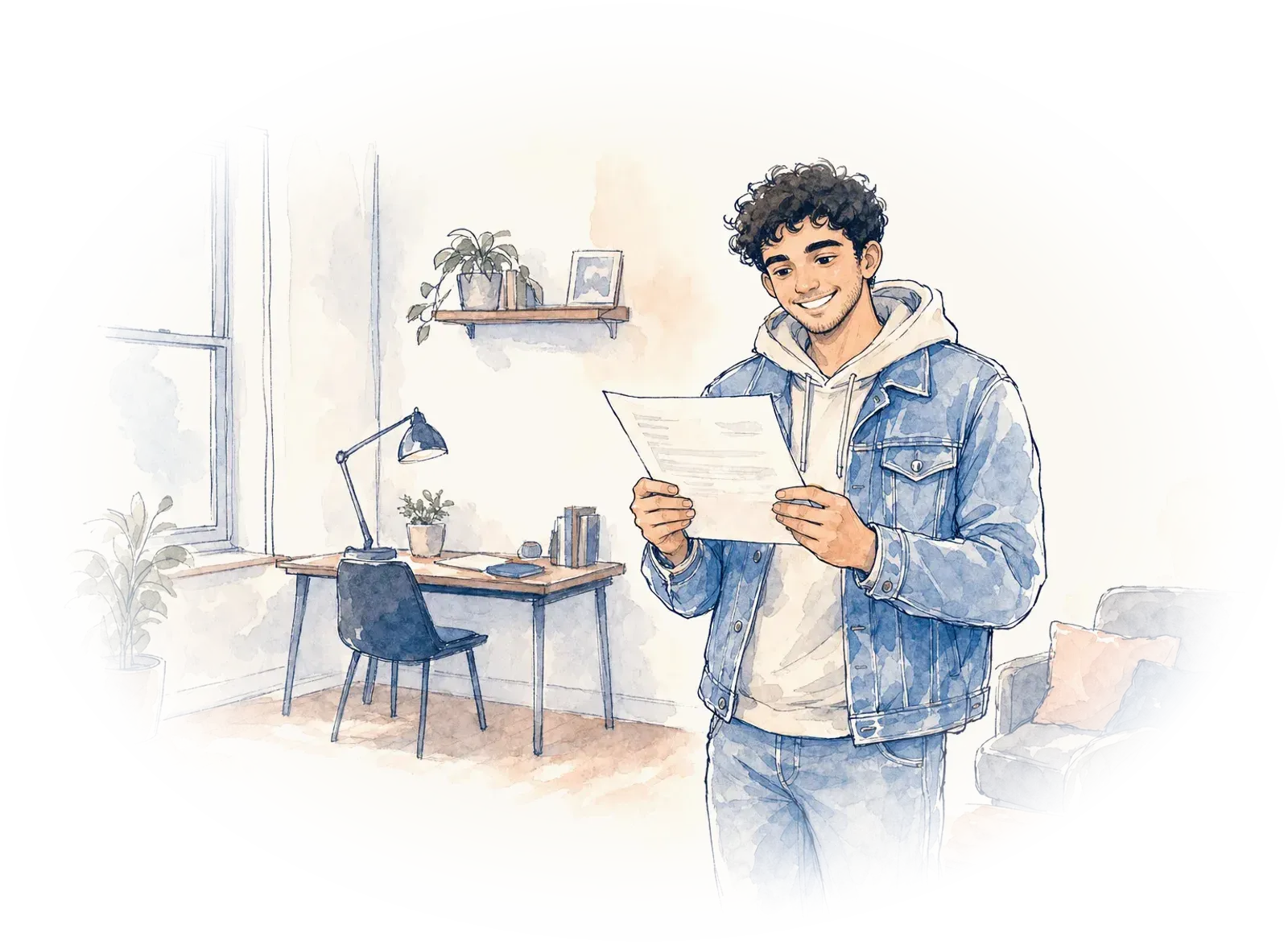 A young man holds a printed offer letter in his apartment, grinning.