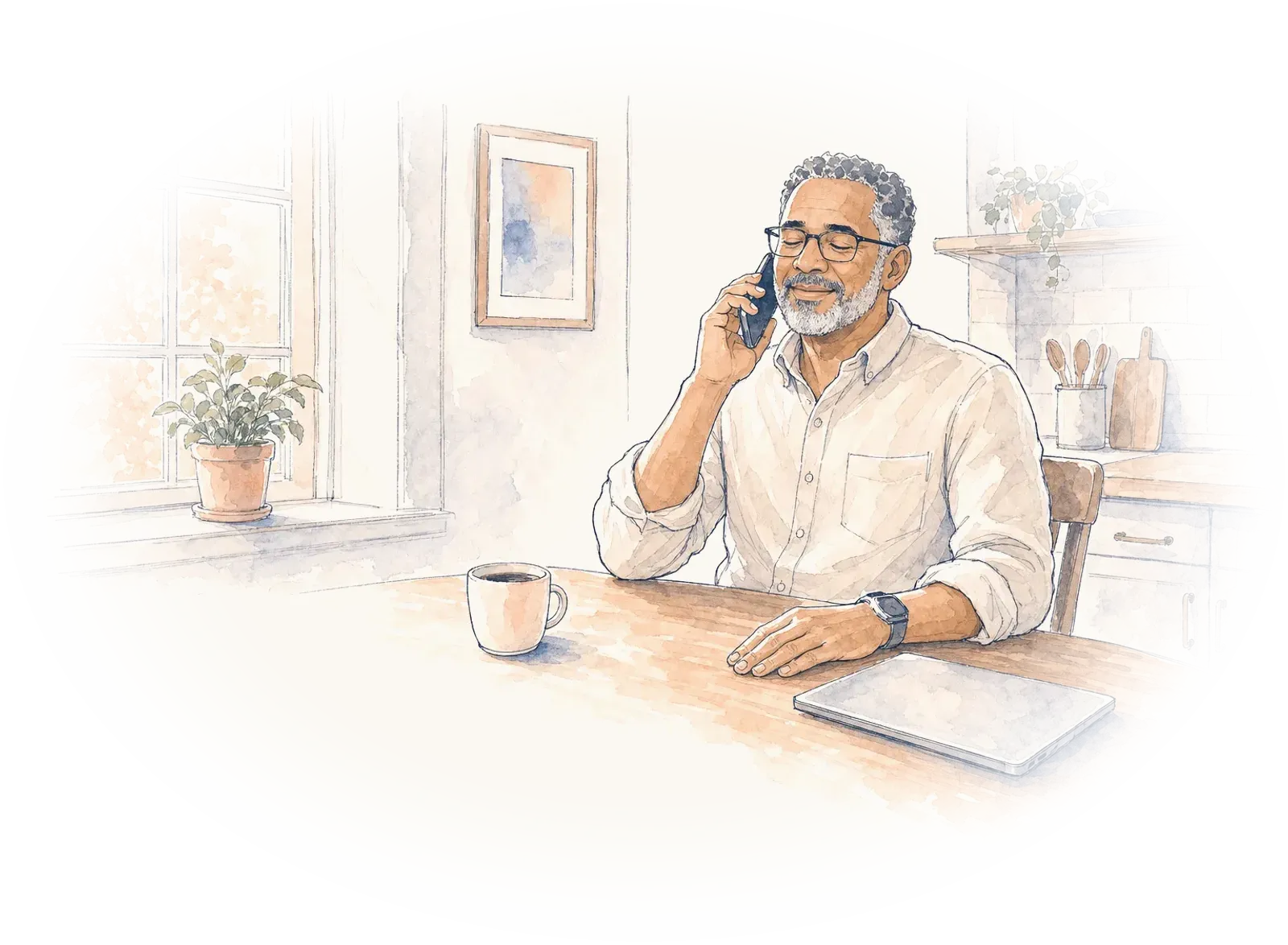 A man in his fifties takes a phone call at his kitchen table in morning light, eyes closed, starting to smile.