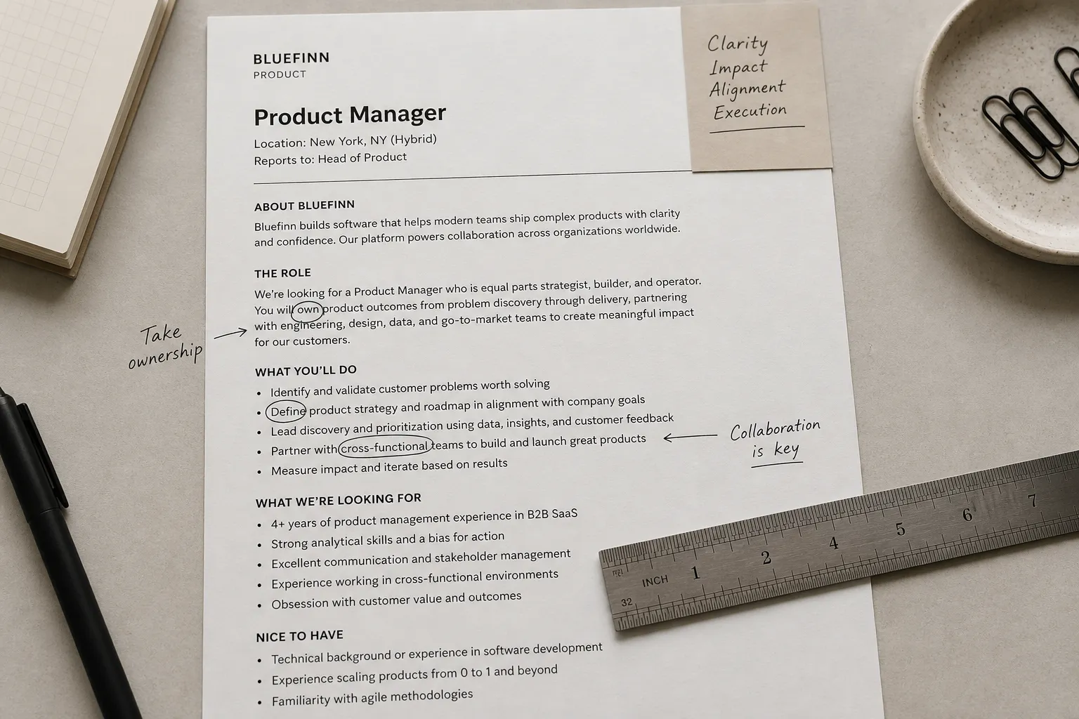 A printed job posting with key screening phrases circled in pen, a ruler laid across the page, suggesting deliberate analysis of role tier before applying