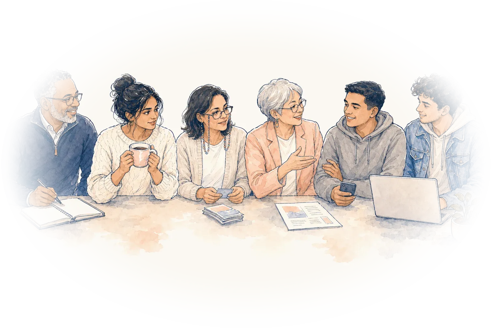 An illustration of six people along one long table, each with a different simple tool in front of them: a notebook, a cup, a stack of cards, a phone, a printed page and a laptop, chatting and comparing.
