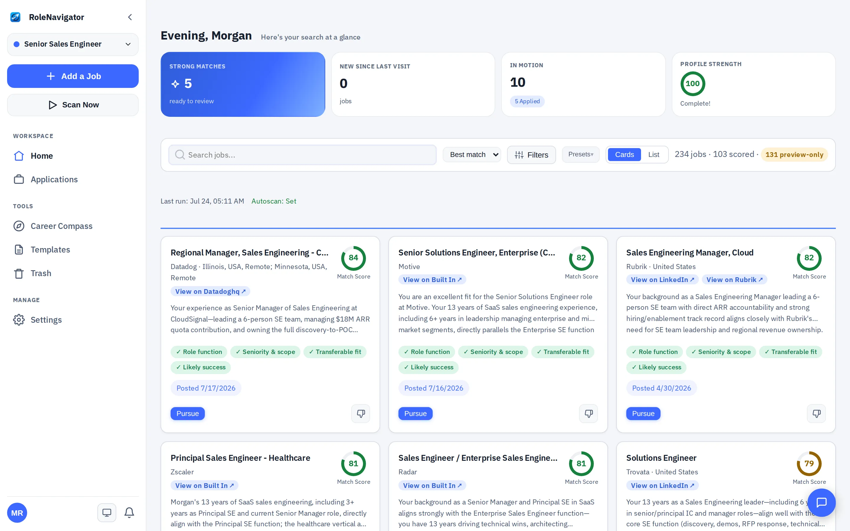 RoleNavigator job matches: each listing shows a match score out of 100, highest first.