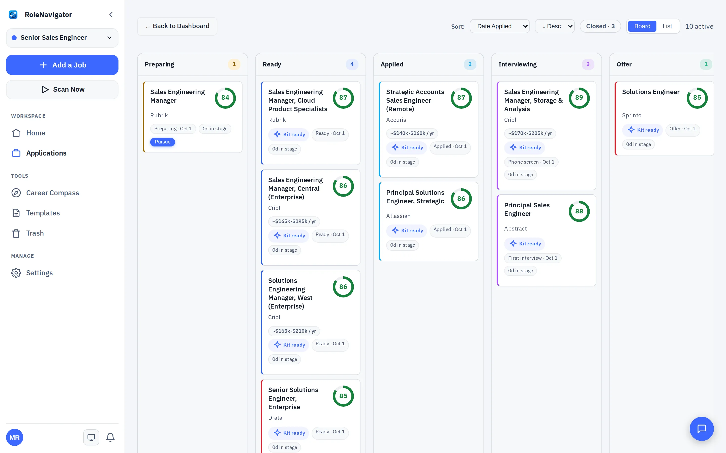 RoleNavigator pipeline board with columns Preparing, Ready, Applied, Interviewing, and Offer.