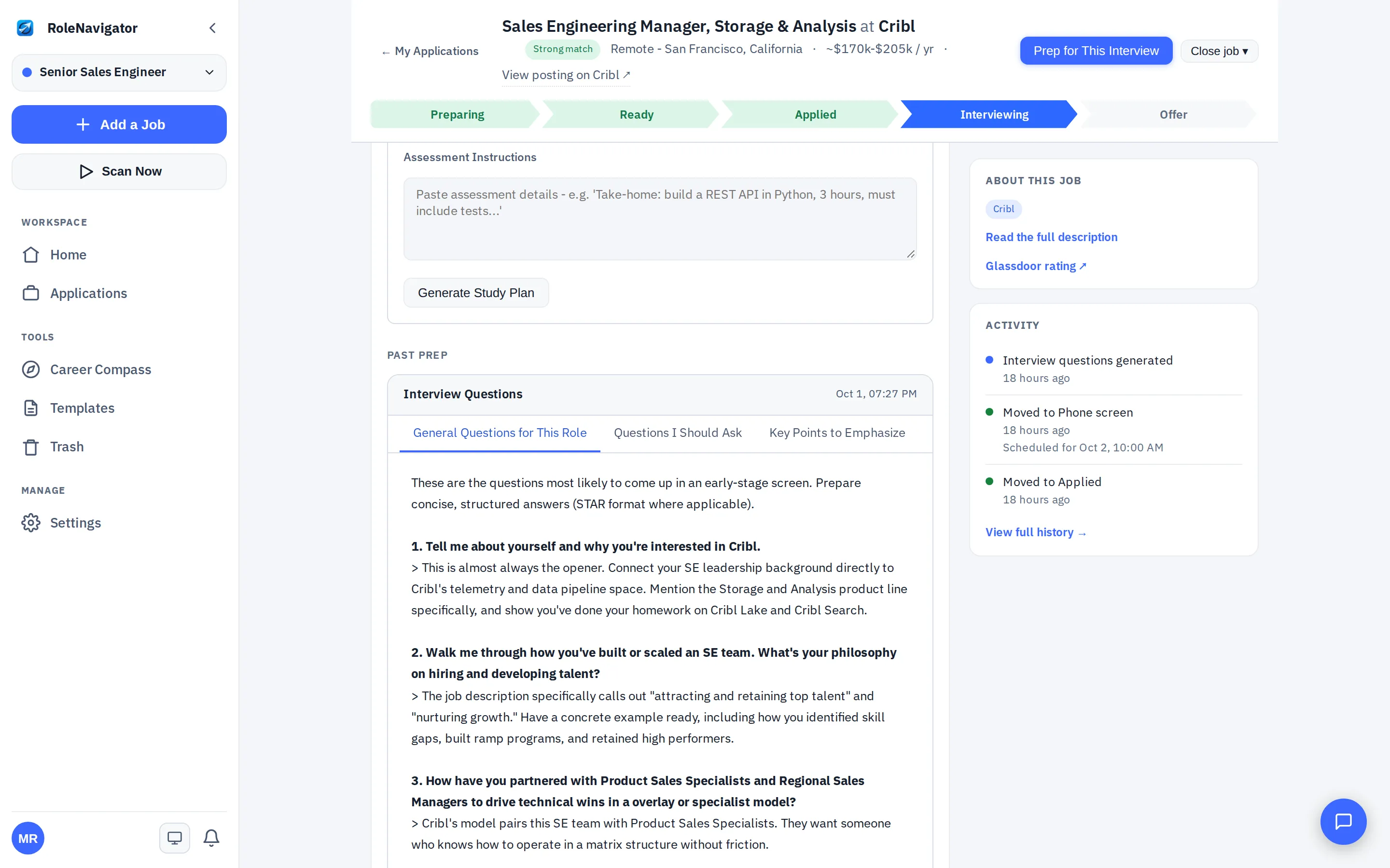 Interview prep for one job: a pipeline progress bar at Interviewing, and generated interview questions with tabs for questions to ask and points to emphasize.