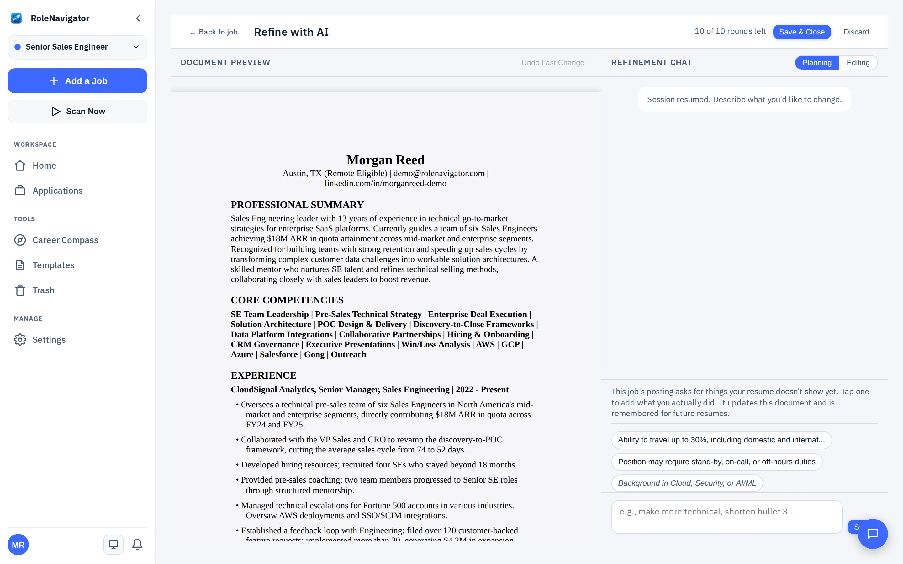 Refine with AI screen: a tailored resume on the left, and on the right a chat offering one-tap suggestions for what the job posting asks for.
