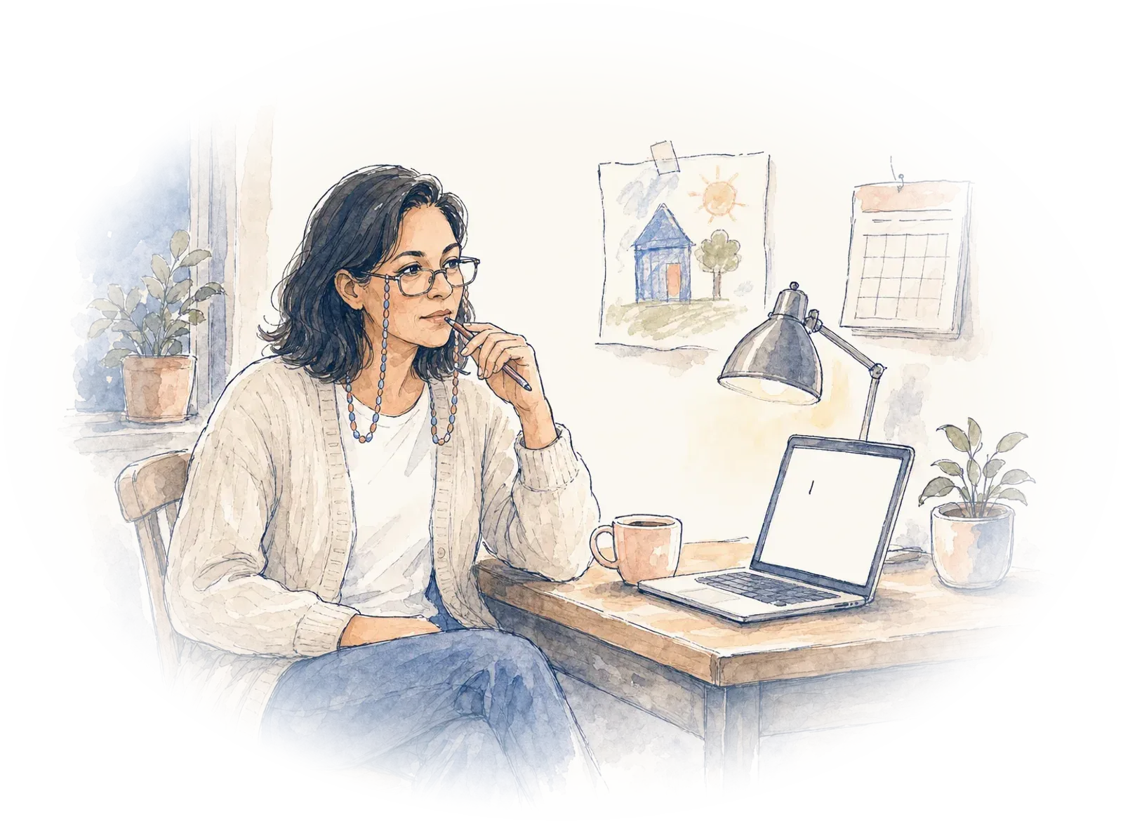 A woman at a home desk looks at a blank page on her laptop, pen at her lip.