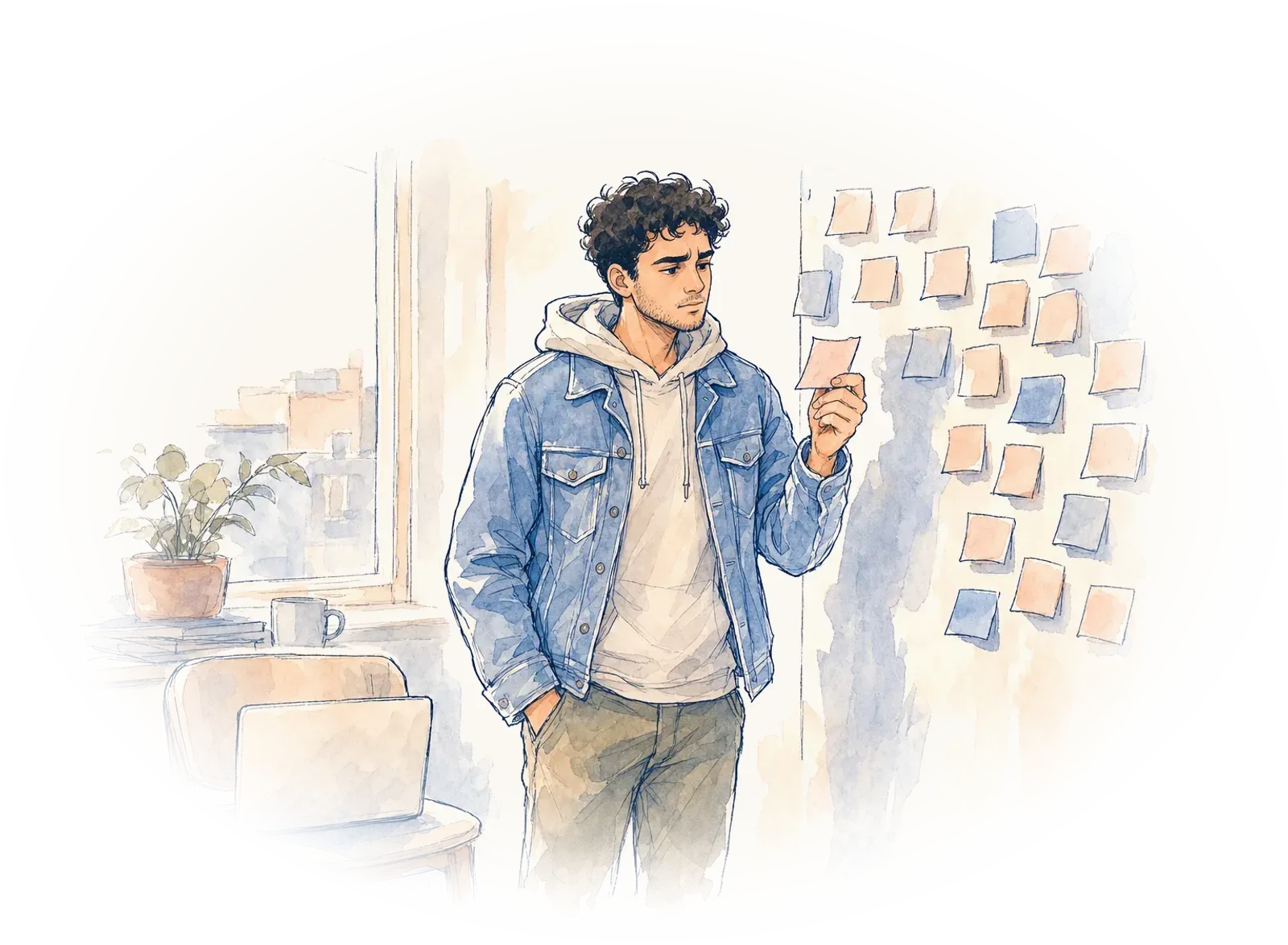 A young man frowns at a sticky note in front of a wall covered in them.