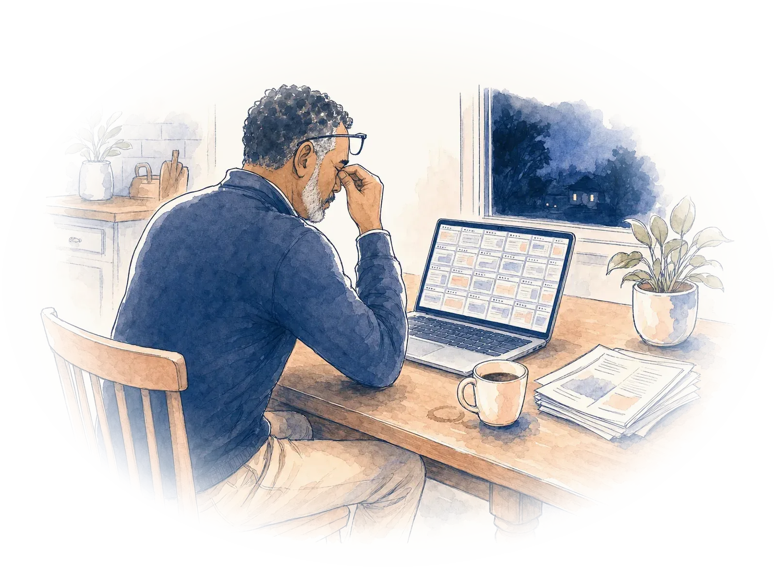 A man in his fifties rubs his eyes at a kitchen table late at night, laptop full of near-identical tabs.