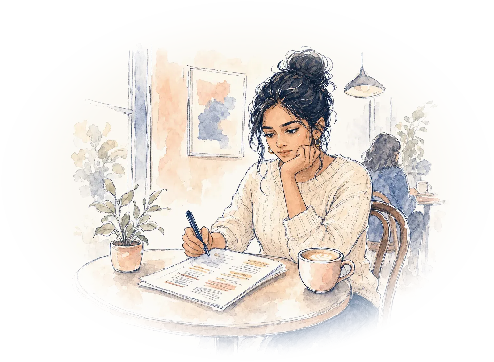 A young woman at a cafe frowns at a printed resume covered in highlighter.