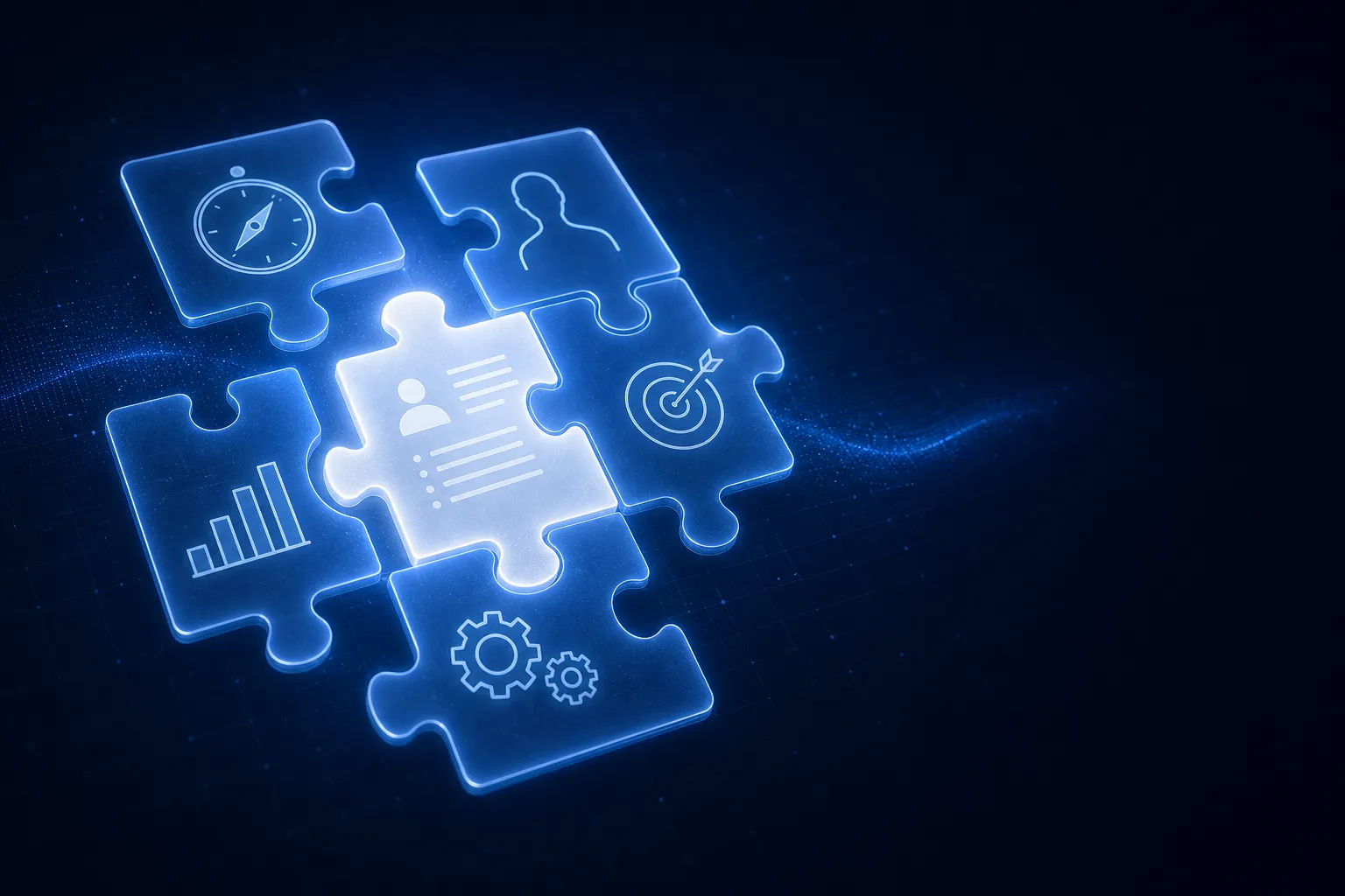 Editorial conceptual tech illustration for a career-strategy blog hero. A single résumé document, glowing softly, rendered as one interlocking puzzle piece floating at center-left. Around it, several other translucent puzzle pieces drift into alignment to complete a larger cohesive shape — each piece subtly embossed with a minimalist line icon: a compass, a human silhouette/archetype, a target with an arrow, interlocking gears, a small bar chart. The pieces lock together to suggest a complete picture of a person's career fit. Deep navy background (#0E1A2B) with a faint technical grid overlay and a soft radial glow of electric signal-blue (#4C7EFF) behind the assembling pieces, cooler light-blue (#7BA3FF) rim light on the edges. Premium modern SaaS aesthetic, clean negative space, subtle depth of field, soft volumetric glow, high detail, crisp vector-meets-3D look, sophisticated and trustworthy. Off-white and blue accents only. No text, no words, no letters. 16:9 horizontal composition, generous empty space toward the upper right for a headline overlay.