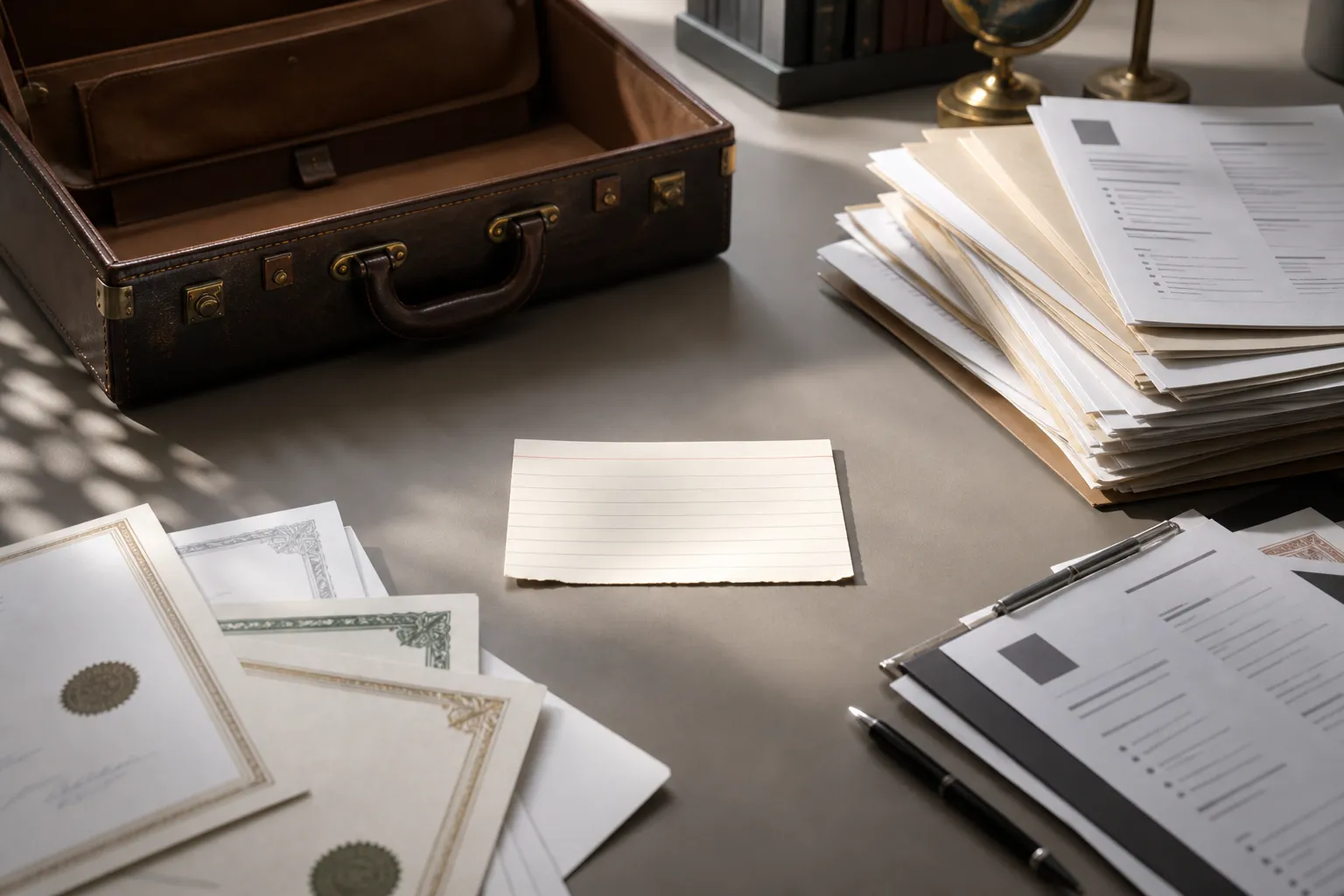 An open briefcase on a desk with formal resumes pushed aside, a single handwritten note card centered in frame — representing narrative over credentials in a job search.