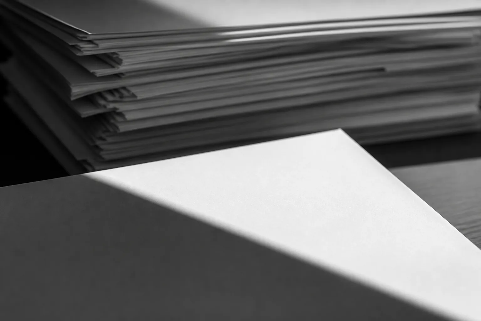 A stack of printed resumes partially obscured by a hard diagonal shadow, suggesting an invisible filter blocking human review.