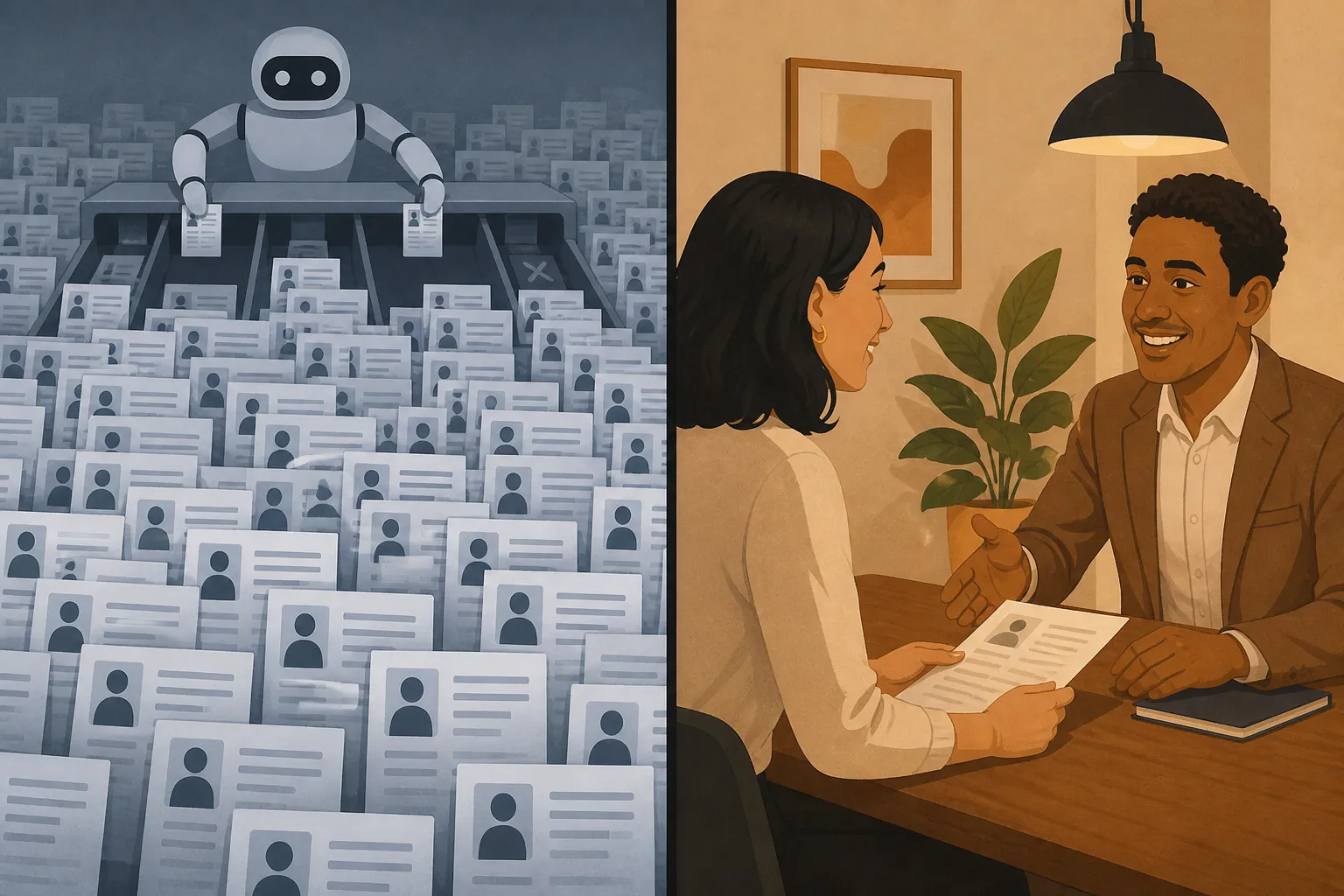 Split illustration showing a cold, automated job application queue on the left and a direct human hiring conversation on the right, divided by a clean vertical line.
