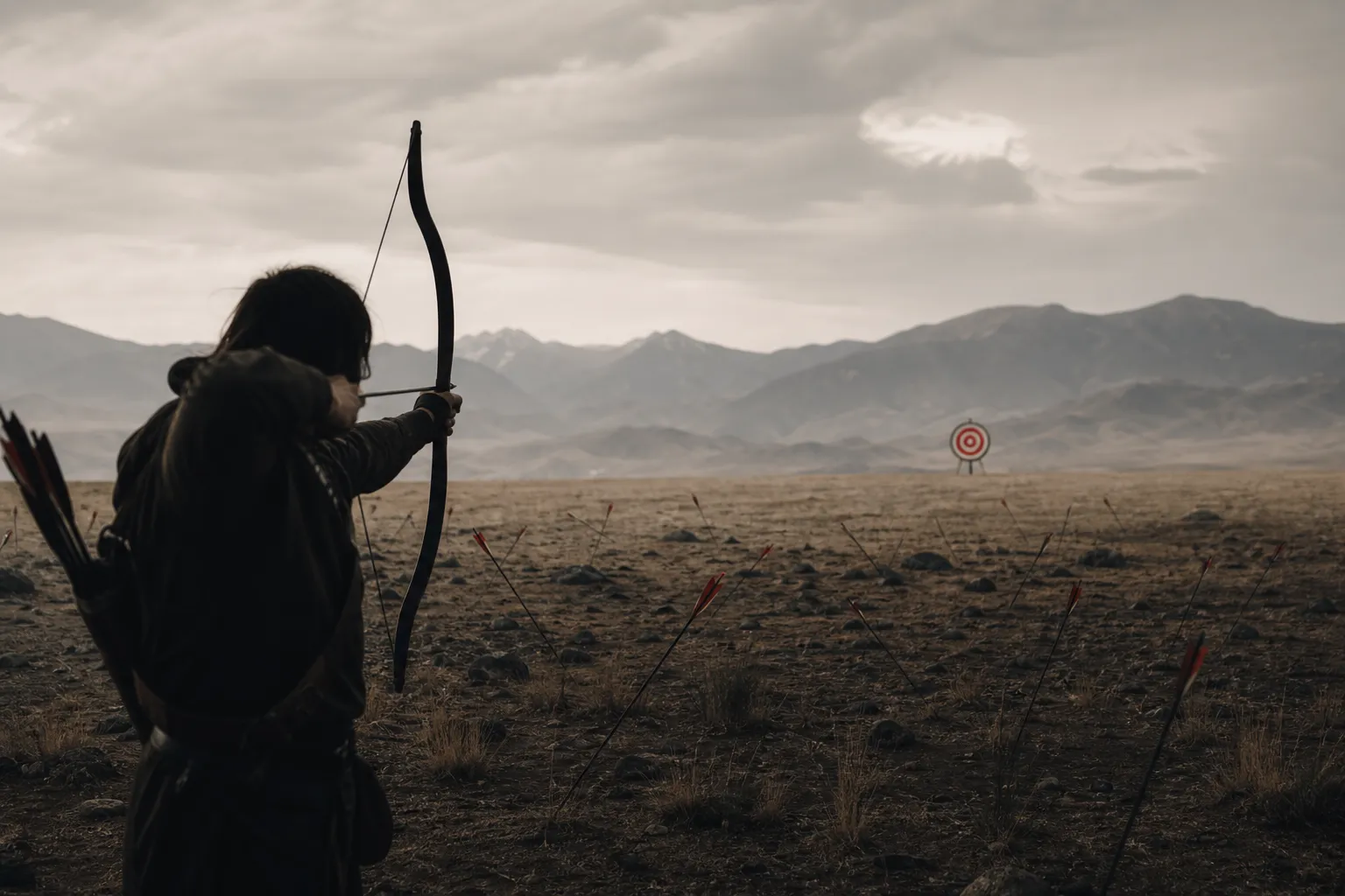 A lone archer drawing a bow at a single precise target in the distance, surrounded by a field littered with scattered arrows that missed. Clean, minimal composition. Natural light. Muted earth tones with one accent color. Editorial photography style, slightly desaturated. No text. No people visible from the front — silhouette or over-the-shoulder perspective preferred.