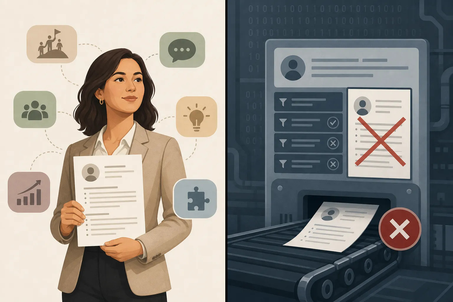 Split illustration showing a job seeker's resume with transferable skills on one side and a mechanical ATS filter rejecting it on the other, representing the keyword mismatch problem in automated hiring systems.