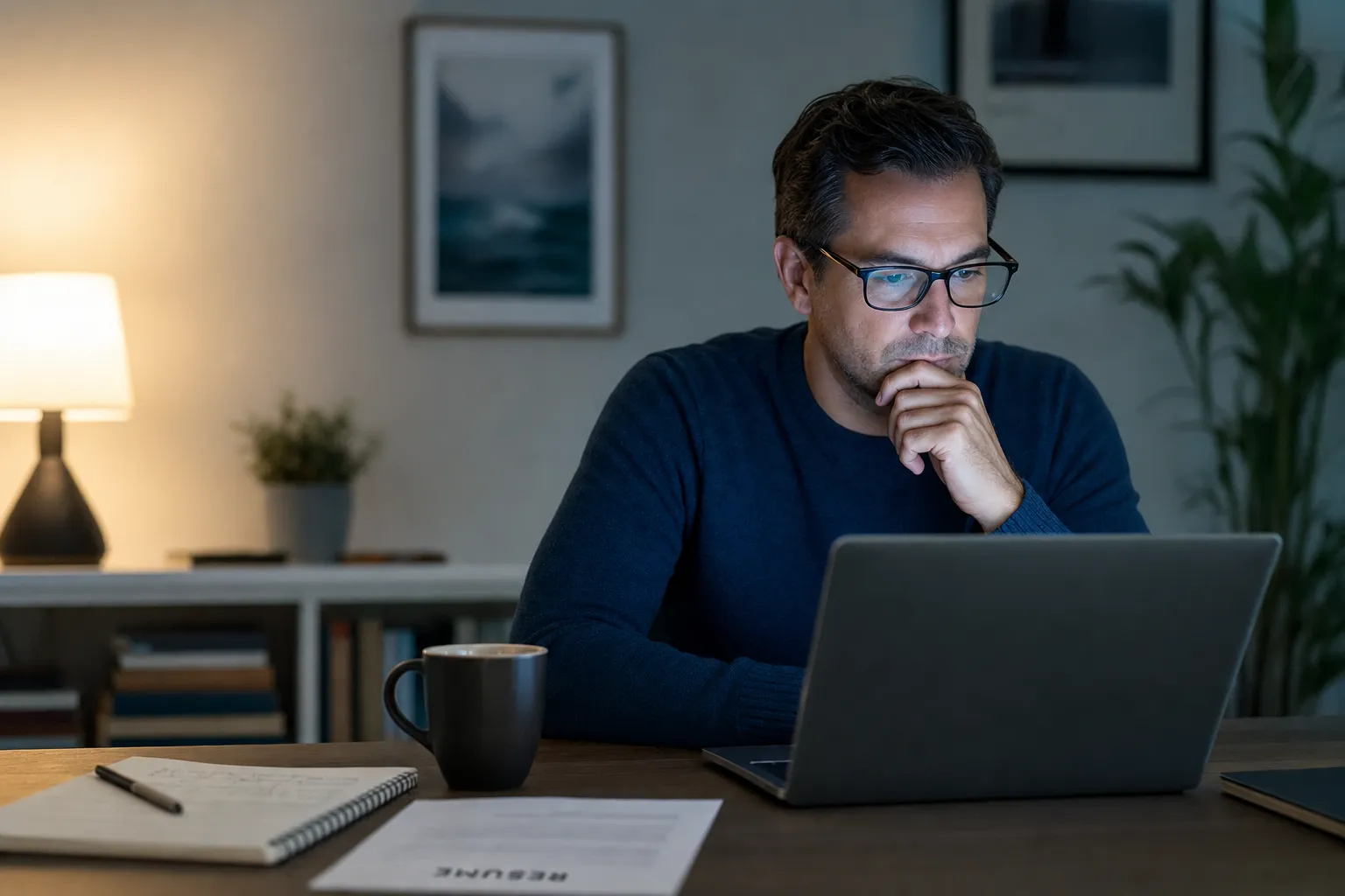 Mid-career professional reviewing a resume at a desk, laptop screen illuminating their face in a quiet, organized workspace.