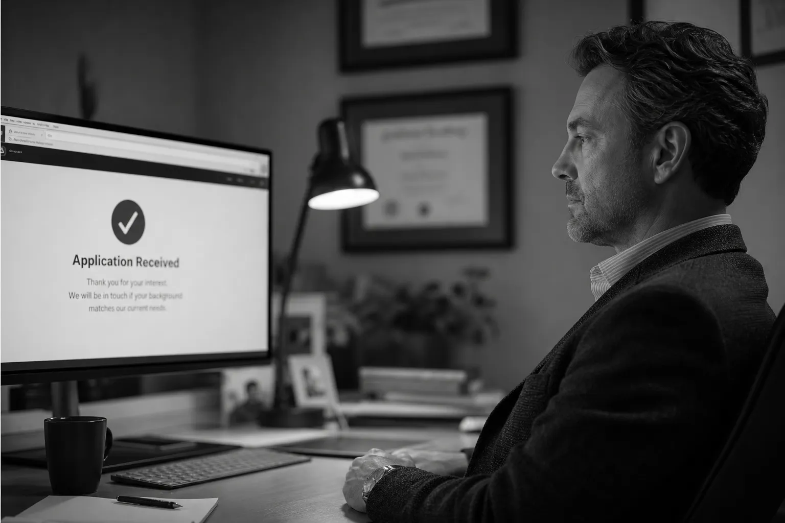 Mid-career professional sitting at a desk, staring at a job application confirmation screen